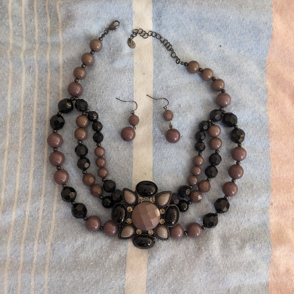 Purple and Black Statement Necklace  and Earrings Set